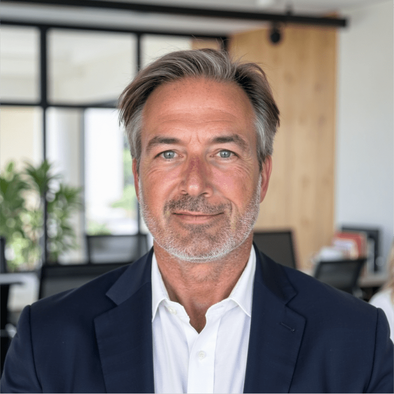 Confident middle-aged businessman in a modern office setting.