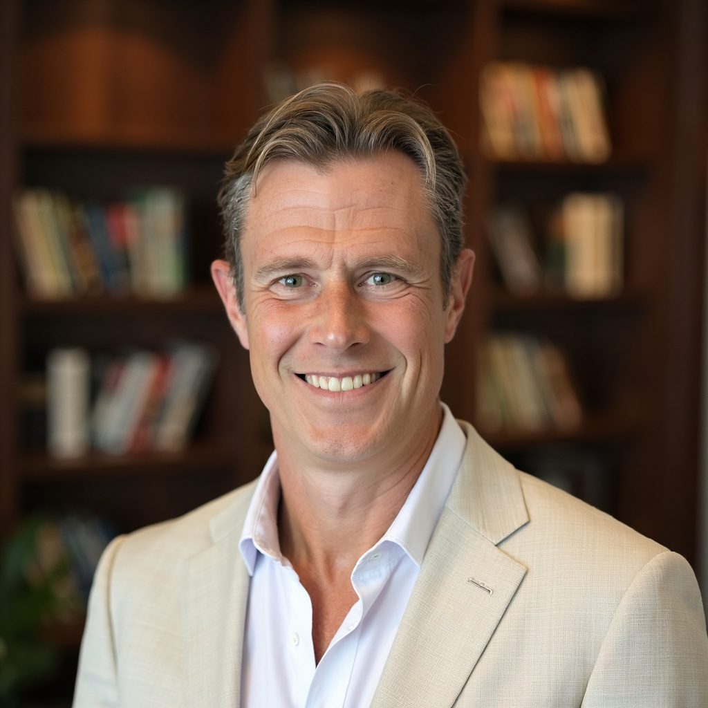 A smiling man in a beige blazer and white shirt in a cozy library.